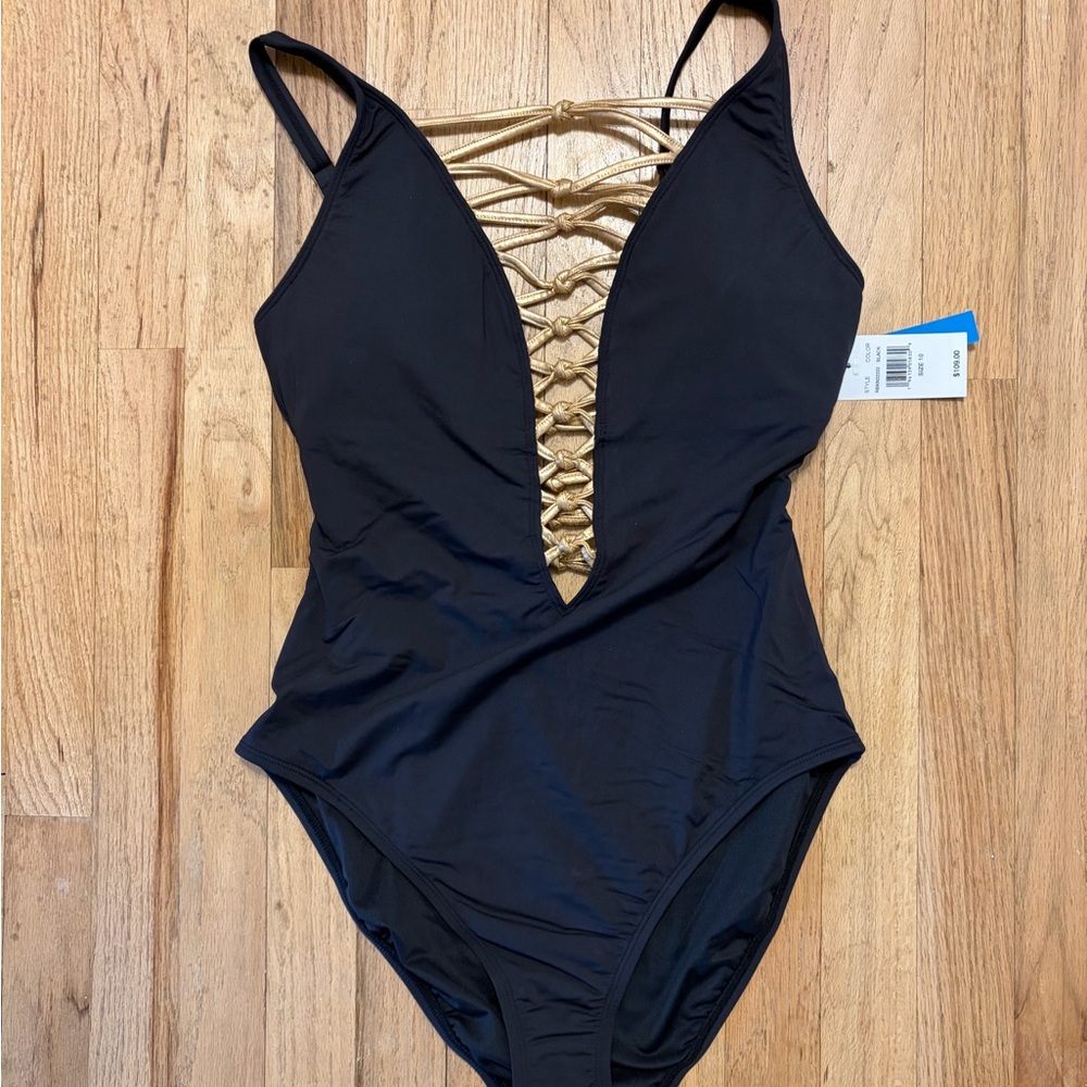 Black One-Piece Swimsuit with Gold Lace-Up Detail